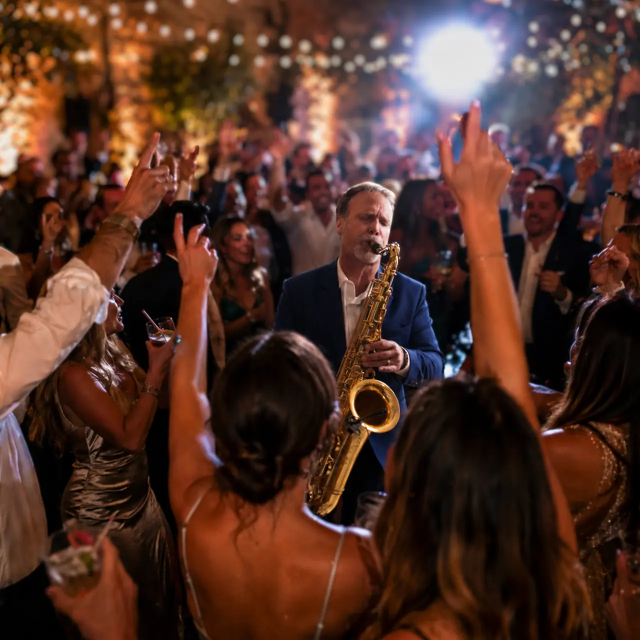 Howard performing live saxophone in the middle of an energetic dance floor