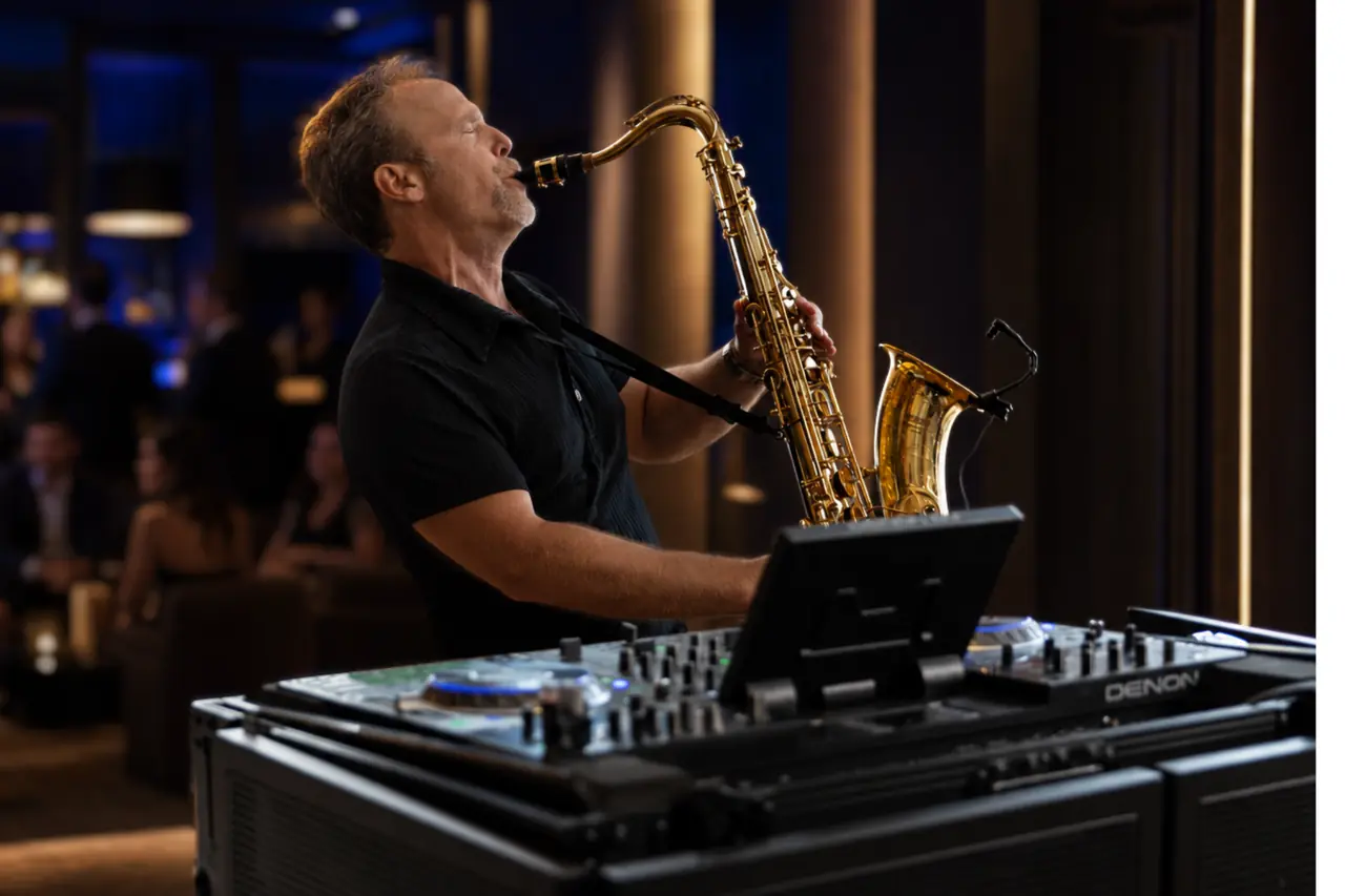 Howard performing saxophone beside his DJ controller in an upscale lounge