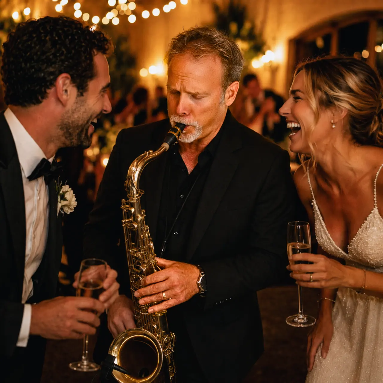 Bride and groom enjoying a live saxophone performance at their wedding